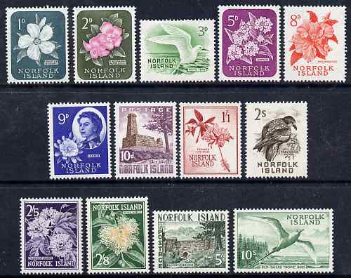 Norfolk Island 1960-62 definitive set complete 1d to 10s lightly mounted mint SG24-36, stamps on , stamps on  stamps on birds, stamps on  stamps on flowers