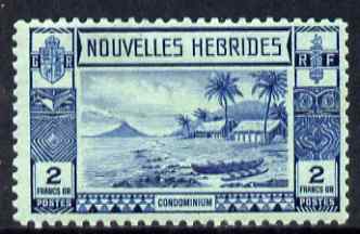 New Hebrides - French 1938 Gold Currency 2f blue on pale green fine mounted mint SG F62, stamps on , stamps on  stamps on ships, stamps on  stamps on canoes    