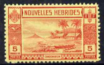 New Hebrides - French 1938 Gold Currency 5f red on yellow fine mounted mint SG F63, stamps on , stamps on  stamps on ships, stamps on  stamps on canoes    