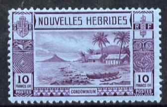 New Hebrides - English 1938 Gold Currency 10f violet on blue fine mounted mint SG F64, stamps on ships, stamps on canoes