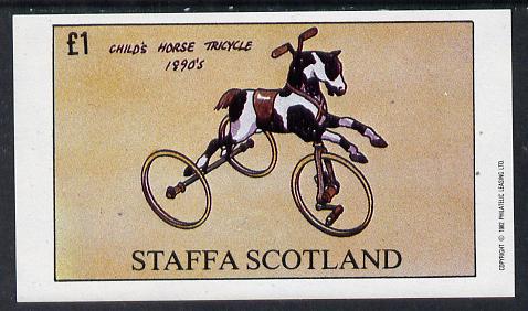 Staffa 1982 Bicycles (Child's Horse Tricycle) imperf souvenir sheet (£1 value) unmounted mint, stamps on bicycles   transport     children, stamps on horses