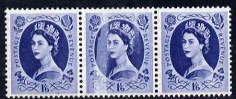 Great Britain 1952-54 Wilding Tudor Crown 1s6d horiz strip of 3 with 'stripping' flaw affecting centre stamp, mounted mint, stamps on , stamps on  stamps on great britain 1952-54 wilding tudor crown 1s6d horiz strip of 3 with 'stripping' flaw affecting centre stamp, stamps on  stamps on  mounted mint