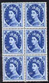 Great Britain 1958-65 Wilding Crowns 10d block of 6 with doctor blade flaw affecting 3 right hand stamps, unmounted mint, stamps on , stamps on  stamps on great britain 1958-65 wilding crowns 10d block of 6 with doctor blade flaw affecting 3 right hand stamps, stamps on  stamps on  unmounted mint