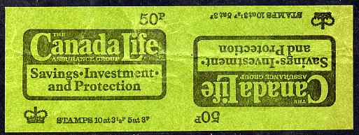 Great Britain 1973-74 Canada Life 50p booklet cover proof pair on green card in uncut tete-beche format, (some creasing), stamps on , stamps on  stamps on booklet - great britain 1973-74 canada life 50p booklet cover proof pair on green card in uncut tete-beche format, stamps on  stamps on  (some creasing)