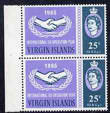 British Virgin islands 1965 International Co-operation Year 25c marginal pair, one stamp with 'Broken Y of Year' variety, unmounted mint, stamps on , stamps on  stamps on british virgin islands 1965 international co-operation year 25c marginal pair, stamps on  stamps on  one stamp with 'broken y of year' variety, stamps on  stamps on  unmounted mint