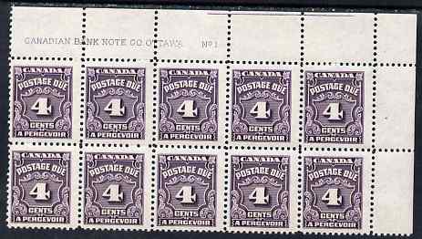 Canada 1935-65 Postage Due 4c corner block of 10 with ABN imprint unmounted mint, SG D21, stamps on , stamps on  stamps on canada 1935-65 postage due 4c corner block of 10 with abn imprint unmounted mint, stamps on  stamps on  sg d21