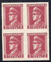 Croatia 1943 Pavelic 2k claret in fine mint imperf block of 4, as SG108, stamps on , stamps on  stamps on croatia 1943 pavelic 2k claret in fine mint imperf block of 4, stamps on  stamps on  as sg108