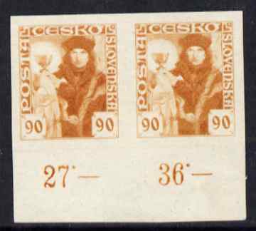 Czechoslovakia 1920 Hussite 90h imperf colour trial proof pair in orange on gummed paper, unmounted mint, stamps on 