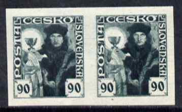 Czechoslovakia 1920 Hussite 90h imperf colour trial proof pair in dull green on gummed paper, unmounted mint, stamps on 