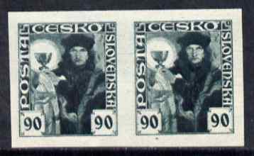 Czechoslovakia 1920 Hussite 90h imperf colour trial proof pair in dull green on gummed paper, unmounted mint, stamps on xxx