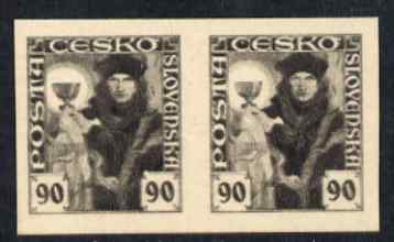 Czechoslovakia 1920 Hussite 90h imperf colour trial proof pair in black on thin card, stamps on 