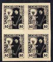 Czechoslovakia 1920 Hussite 90h imperf colour trial proof block of 4 in black on ungummed paper, stamps on 