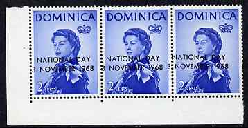 Dominica 1968 National Day opt on 2c blue strip of 3 with opt misplaced unmounted mint, stamps on , stamps on  stamps on dominica 1968 national day opt on 2c blue strip of 3 with opt misplaced unmounted mint