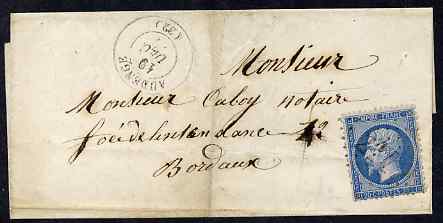 France 1867 wrapper to Bordeaux bearing 20c adhesive, stamps on 