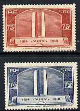 France 1936 Canadian War Memorial set of 2 fresh mounted mint, SG 549-50 , stamps on 