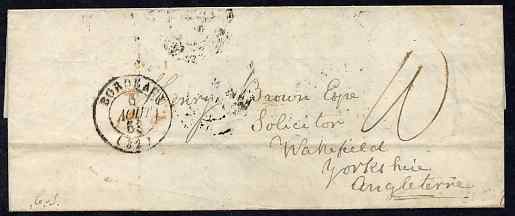 France 1853 wrapper Bordeaux to Wakefield, stamps on 