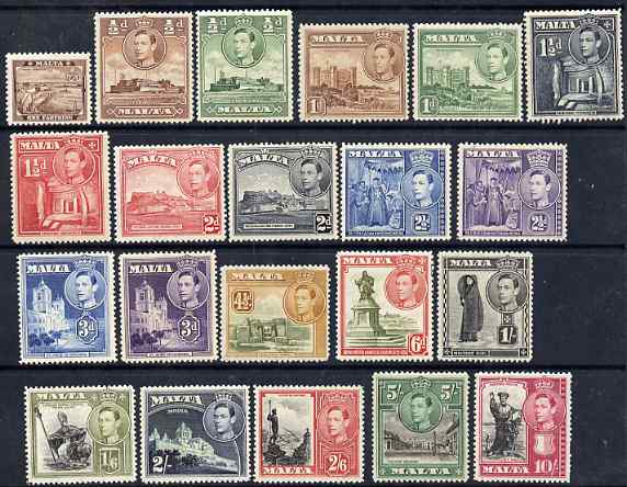 Malta 1938-43 KG6 Pictorial set of 21 vals complete 1/4d to 10s very lightly mounted mint SG 217-31, stamps on , stamps on  kg6 , stamps on 