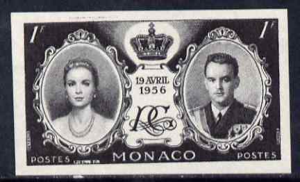 Monaco 1956 Royal Wedding 1f imperf proof in black unmounted mint with part of official handstamp on reverse, as SG578, stamps on 