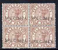 Great Britain 1876 QV Telegraph 1d brown plate 1 unmounted mint block of 4 each overprinted SPECIMEN, SG L202s, a scarce and beautiful block, stamps on , stamps on  qv , stamps on 
