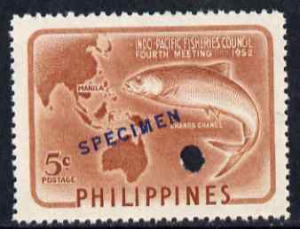 Philippines 1952 Indo-Pacific Fisheries 5c brown unmounted mint overprinted SPECIMEN with security punch hole, scarce and unusual as SG744, stamps on , stamps on  stamps on fish