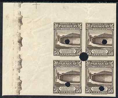 Paraguay 1944-45 Meeting place of Independence Conspirators 50c sepia imperf corner proof block of 4 with security punch holes on gummed paper but some wrinkling, as SG 5..., stamps on 