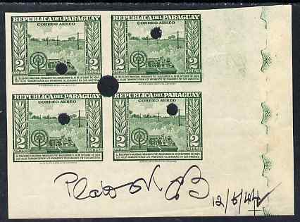 Paraguay 1944-45 First Telegraph 2c green imperf corner proof block of 4 with security punch holes on gummed paper but some wrinkling, as SG 596 endorsed Plate OK and alm..., stamps on telegraph