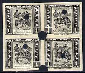 Paraguay 1944-45 Native Postmen 1c black imperf proof block of 4 with security punch holes on gummed paper but some wrinkling, as SG 587 (ex Waterlow archives), stamps on postman