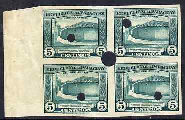 Paraguay 1944-45 Meeting place of Independence Conspirators 5c green imperf marginal proof block of 4 with security punch holes on gummed paper but some wrinkling, as SG ..., stamps on 