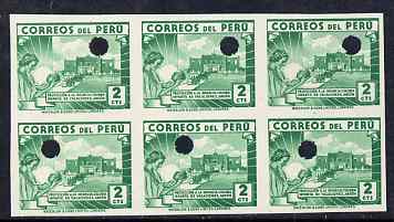 Peru 1938 Childrens Holiday Camp 2c green imperf proof block of 6 with security punch holes on gummed paper but some wrinkling, as SG 640 (ex Waterlow archives), stamps on 