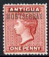 Montserrat 1876-83 QV opt on Antigua 1d Crown CC fresh mounted mint SG1