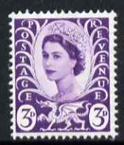 Great Britain Regionals - Wales 1958-67 Wilding 3d deep lilac wmk Crowns centre phosphor band unmounted mint SG W1p, stamps on , stamps on  stamps on great britain regionals - wales 1958-67 wilding 3d deep lilac wmk crowns centre phosphor band unmounted mint sg w1p