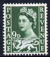 Great Britain Regionals - Wales 1958-67 Wilding 9d bronze-green wmk Crowns 2 phosphor bands unmounted mint SG W4, stamps on , stamps on  stamps on great britain regionals - wales 1958-67 wilding 9d bronze-green wmk crowns 2 phosphor bands unmounted mint sg w4