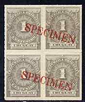 Uruguay 1884-86 Numeral 1c grey block of 4 opt'd SPECIMEN across each pair of stamps, unmounted mint from ABNCo archive sheet, as SG 83a, stamps on , stamps on  stamps on uruguay 1884-86 numeral 1c grey block of 4 opt'd specimen across each pair of stamps, stamps on  stamps on  unmounted mint from abnco archive sheet, stamps on  stamps on  as sg 83a