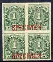 Uruguay 1888 Numeral 1c green block of 4 optd SPECIMEN across each pair of stamps, unmounted mint from ABNCo archive sheet, as SG 100, stamps on 