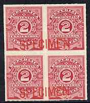 Uruguay 1888 Numeral 2c carmine-rose block of 4 opt'd SPECIMEN across each pair of stamps, unmounted mint from ABNCo archive sheet, as SG 101, stamps on , stamps on  stamps on uruguay 1888 numeral 2c carmine-rose block of 4 opt'd specimen across each pair of stamps, stamps on  stamps on  unmounted mint from abnco archive sheet, stamps on  stamps on  as sg 101