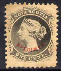 Nova Scotia 1863 QV 1c grey-black with SPECIMEN overprint in red in an arc - believed to be a forgery by the Senf Brothers with the overprint being attributed to Fournier, stamps on , stamps on  stamps on , stamps on  stamps on  qv , stamps on  stamps on 