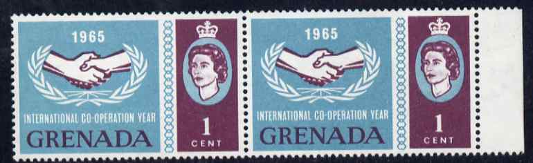 Grenada 1965 International Co-operation Year 1c horiz pair, one stamp with 'Broken Leaves' variety unmounted mint, stamps on , stamps on  stamps on grenada 1965 international co-operation year 1c horiz pair, stamps on  stamps on  one stamp with 'broken leaves' variety unmounted mint