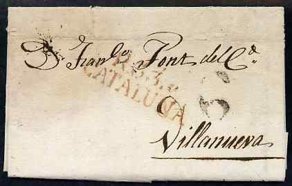 Italy 1832 entire to Villanneva with s/line R3.3. CATALUNA in red, stamps on 