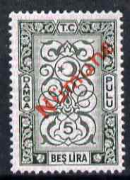 Turkey 1980's Stamp Duty 5 Lira green overprinted Numune (Specimen) unmounted mint ex De La Rue archives, stamps on revenue, stamps on revenues