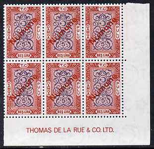 Turkey 1980s Stamp Duty 5 Lira red & blue corner block of 6 with Thomas De La Rue imprint, each stamp overprinted Numune (Specimen) unmounted mint ex De La Rue archives, stamps on revenue, stamps on revenues