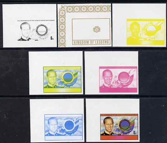 Lesotho 1981 Duke of Edinburgh Award Scheme 6s Duke & Flags the set of 7 imperf progressive proos comprising the 5 individual colours plus 2 different combination composi..., stamps on flags, stamps on royalty, stamps on youth