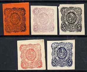 Uruguay 1900c imperf essay of 5c in five different colours on gummed paper (5 proofs), stamps on , stamps on  stamps on uruguay 1900c imperf essay of 5c in five different colours on gummed paper (5 proofs)