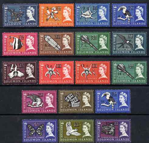 Solomon Islands 1966-67 Decimal Surcharge definitive set complete 18 values (wmk sideways) mounted mint SG 135B-52B, stamps on 