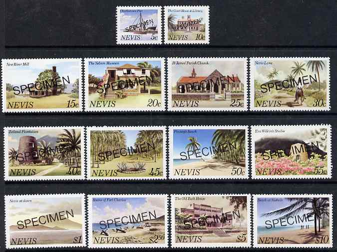 Nevis 1981 definitive set complete 5c to $10 optd SPECIMEN unmounted mint, stamps on 