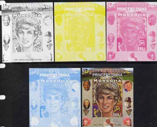 Mongolia 2007 Tenth Death Anniversary of Princess Diana 250f imperf m/sheet #09 with Churchill, Kennedy, Mandela, Roosevelt & Butterflies in background, the set of 5 progressive proofs comprising the 4 individual colours plus all 4-colour composite, unmounted mint, stamps on , stamps on stamps on royalty, stamps on stamps on diana, stamps on stamps on churchill, stamps on stamps on kennedy, stamps on stamps on personalities, stamps on stamps on mandela, stamps on stamps on butterflies, stamps on stamps on roosevelt, stamps on stamps on usa presidents, stamps on stamps on americana, stamps on stamps on human rights, stamps on stamps on nobel, stamps on stamps on nobel, stamps on stamps on peace, stamps on stamps on racism, stamps on stamps on human rights
