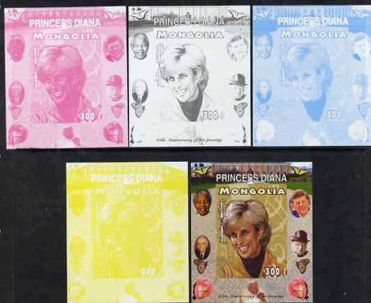 Mongolia 2007 Tenth Death Anniversary of Princess Diana 300f imperf m/sheet #12 with Churchill, Kennedy, Mandela, Roosevelt & Butterflies in background, the set of 5 progressive proofs comprising the 4 individual colours plus all 4-colour composite, unmounted mint, stamps on , stamps on  stamps on royalty, stamps on  stamps on diana, stamps on  stamps on churchill, stamps on  stamps on kennedy, stamps on  stamps on personalities, stamps on  stamps on mandela, stamps on  stamps on butterflies, stamps on  stamps on roosevelt, stamps on  stamps on usa presidents, stamps on  stamps on americana, stamps on  stamps on human rights, stamps on  stamps on nobel, stamps on  stamps on nobel, stamps on  stamps on peace, stamps on  stamps on racism, stamps on  stamps on human rights