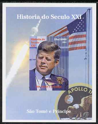 St Thomas & Prince Islands 2004 History of the 21st Century #01 Kennedy & Apollo 11 imperf m/sheet unmounted mint. Note this item is privately produced and is offered purely on its thematic appeal, stamps on millennium, stamps on kennedy, stamps on personalities, stamps on usa presidents, stamps on americana, stamps on space, stamps on apollo, stamps on flags, stamps on eagles