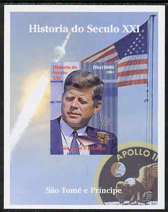 St Thomas & Prince Islands 2004 History of the 21st Century #01 Kennedy & Apollo 11 imperf m/sheet unmounted mint. Note this item is privately produced and is offered purely on its thematic appeal, stamps on , stamps on  stamps on millennium, stamps on  stamps on kennedy, stamps on  stamps on personalities, stamps on  stamps on usa presidents, stamps on  stamps on americana, stamps on  stamps on space, stamps on  stamps on apollo, stamps on  stamps on flags, stamps on  stamps on eagles