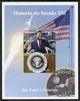 St Thomas & Prince Islands 2004 History of the 21st Century #03 Kennedy & Apollo 11 imperf m/sheet unmounted mint. Note this item is privately produced and is offered purely on its thematic appeal, stamps on , stamps on  stamps on millennium, stamps on  stamps on kennedy, stamps on  stamps on personalities, stamps on  stamps on usa presidents, stamps on  stamps on americana, stamps on  stamps on space, stamps on  stamps on apollo, stamps on  stamps on flags, stamps on  stamps on eagles, stamps on  stamps on microphones