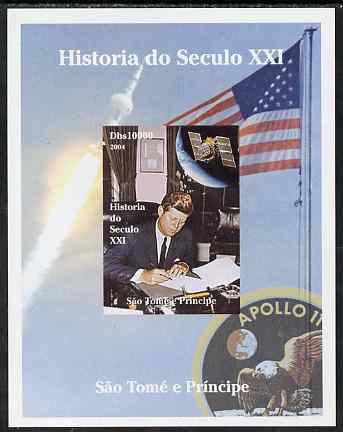 St Thomas & Prince Islands 2004 History of the 21st Century #04 Kennedy & Apollo 11 imperf m/sheet unmounted mint. Note this item is privately produced and is offered pur..., stamps on millennium, stamps on kennedy, stamps on personalities, stamps on usa presidents, stamps on americana, stamps on space, stamps on apollo, stamps on flags, stamps on eagles